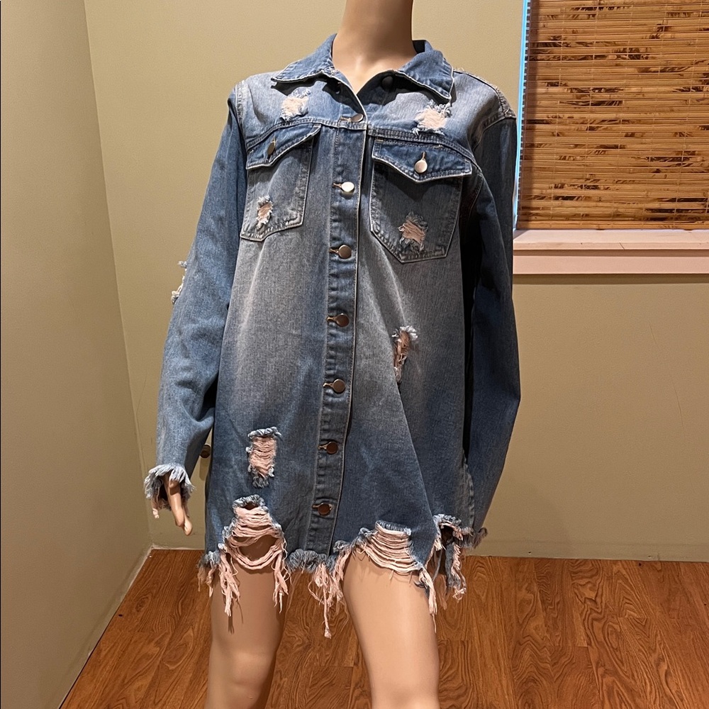 American Bazi Distressed Oversized Denim Jacket - Light Blue Size L